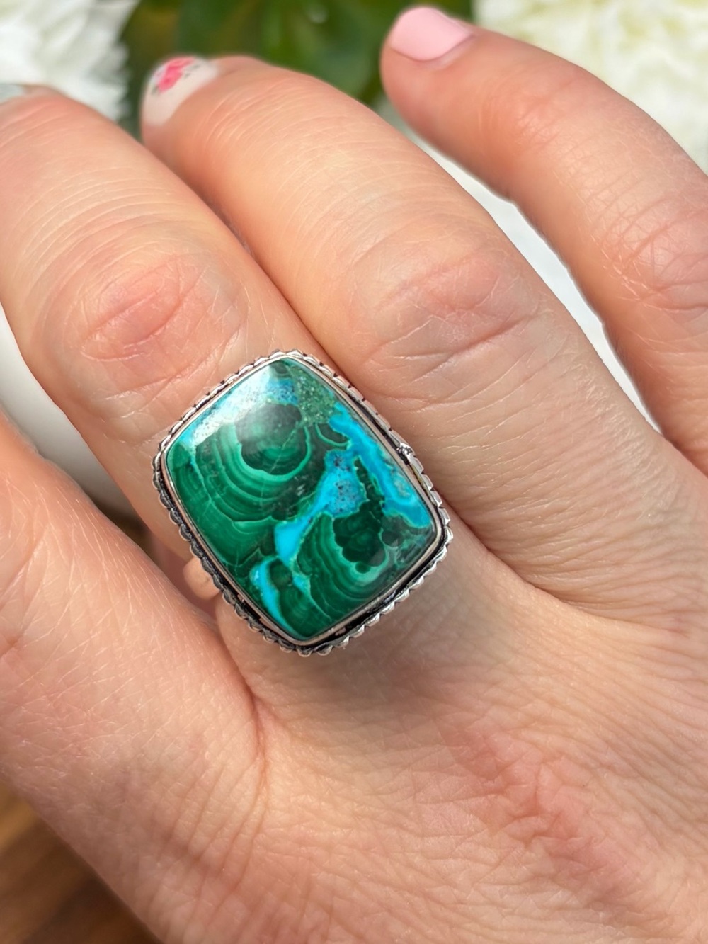 Southwest Malachite Chrysocolla Ring Size 8 1/4 8.25 Sterling Silver 925 Overlay